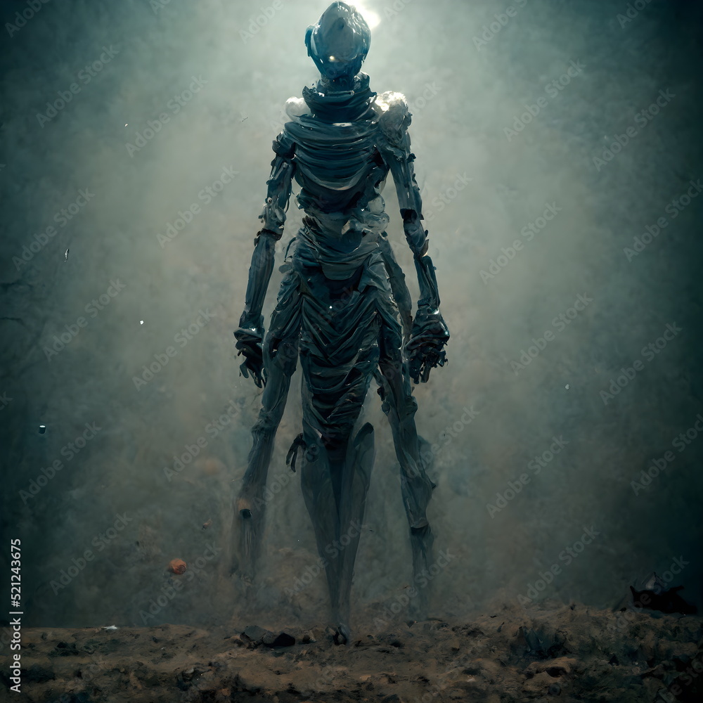Fototapeta premium Alien creature creepy figure 3D illustration with dramatic lighting in a front position reflecting evil vibes