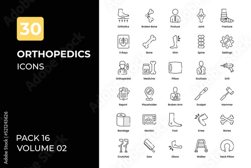 Orthopedic icons collection. Set contains such Icons as bone broker, bone, strong bone, and more