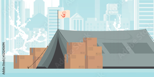 Camp for humanitarian aid. Tents, Boxes and pallets. Flat modern design. Vector.
