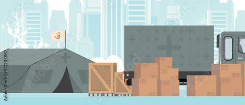 Camp for humanitarian aid. Tents and Cargo for the needy. trendy style. Vector.