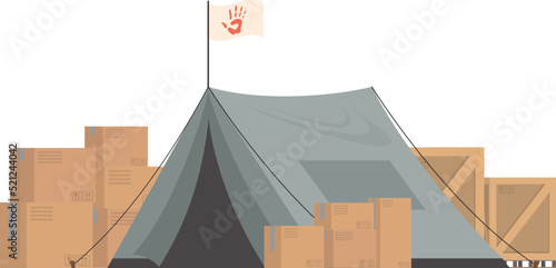Large dark green tent with boxes. Camp element for humanitarian aid. isolated. vector illustration.