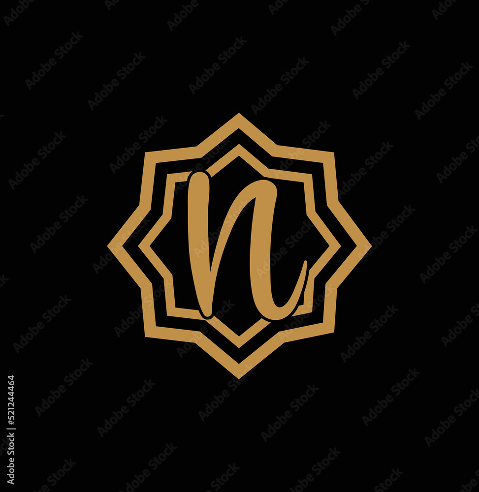 Letter N inside Gold star logo. Award 3d icon. Golden logotype template. Volume Vector illustration.