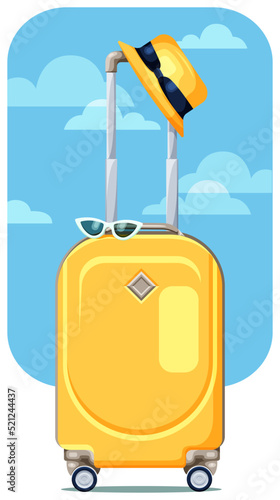 Travel bag. Sticker. Travel suitcase with glasses and hat.