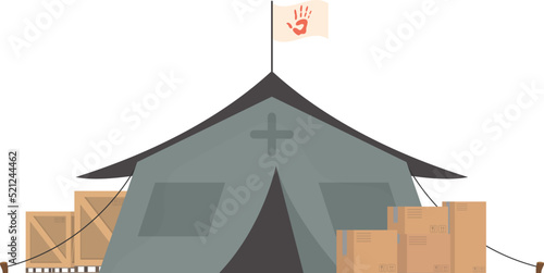 Large dark green tent with boxes. Camp element for humanitarian aid. isolated. vector illustration.