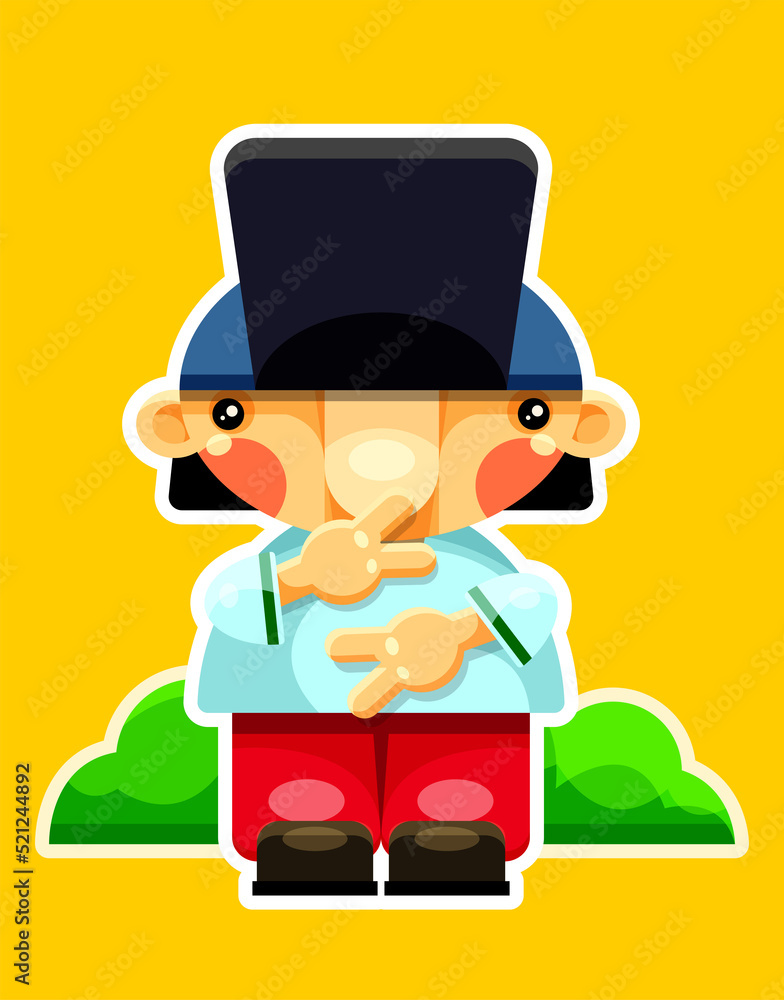 Obraz premium Sticker. Boy in a cap. A character in colored clothing holds his hands in front of him. The guy on the background. Cool.