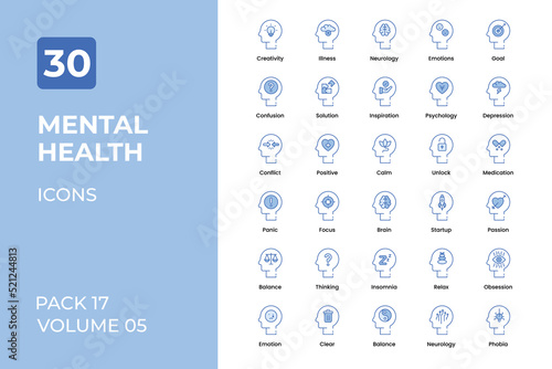 Mental health icons collection. Set contains such Icons as mental, healthy brain, active person, and more