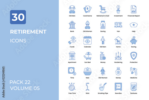 Retirement icons collection. Set contains such Icons as old man, senior people, save money, and more