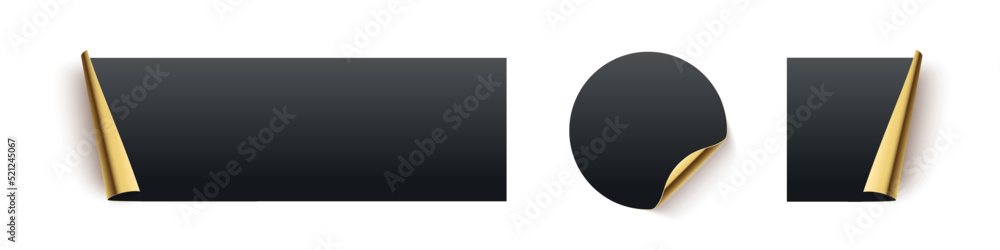 Black glued square, circle and rectangle stickers with gold curling edges. 3d blank paper labels vector illustration. Badges with twisted edges on white background Black glued square, circle and rectangle stickers with gold curling edges. 3d blank paper labels vector illustration. Badges with twisted edges on white background