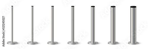 3d metal pole signpost on base vector illustrations set. Realistic grey steel, iron or chrome pillars with polished surface, vertical different diameter cylinder pipe holders for board or flag