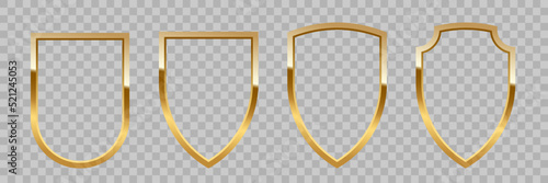 Gold shield frames set vector illustration. Realistic isolated golden armory trophy with metal coat, 3d luxury safety protection emblem of different shapes, vintage blank shiny royal award collection