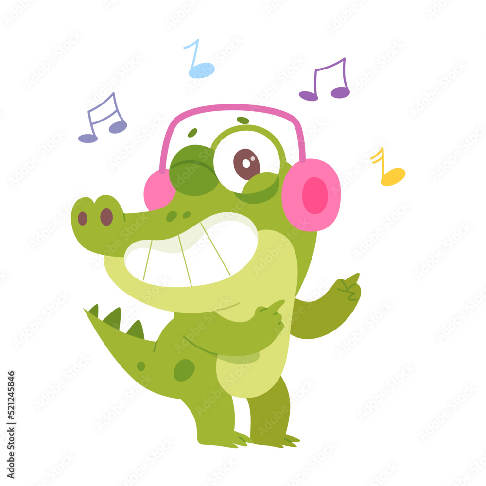 Obraz premium Cute green crocodile character wearing pink headphones to listen fun jungle music