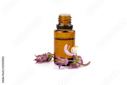 A bottle of essential oil with fresh blooming clary sage twigs on white background.