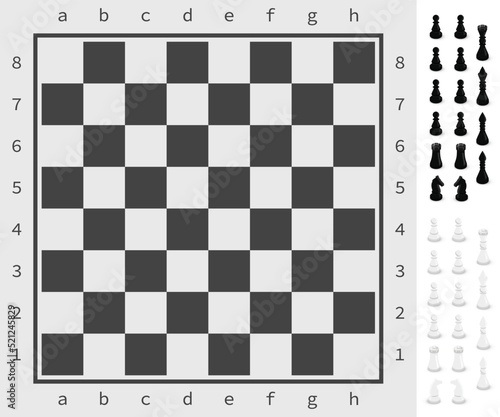 Figures near chessboard illustration. Black and white chess pieces vector set. King, queen, bishop, horse, rook and pawn. Classic intellectual sport, leisure. Tactical game, strategic thinking