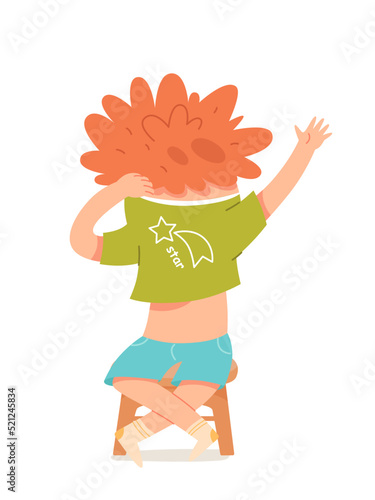 Adorable boy wearing cotton tshirt, isolated kid sitting on chair to wear summer clothes