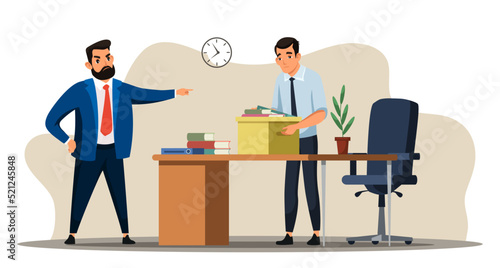 Unemployment concept with angry boss dismisses employee. Director points fired manager at door, sad man leaves office cabinet. Jobless troubles, work crisis, job reduction. Vector illustration