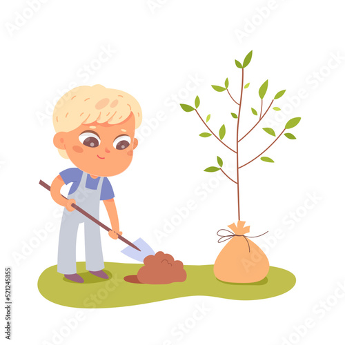 Child volunteer working in farm garden, kid planting sapling, little boy holding shovel