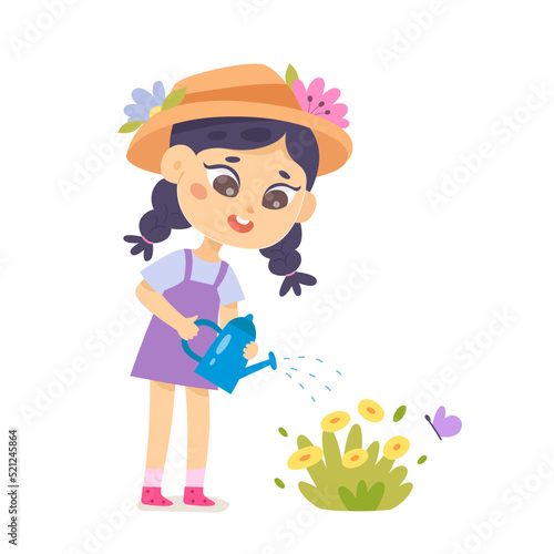 Kid planting spring or summer flowers in garden, girl holding watering can to water plant
