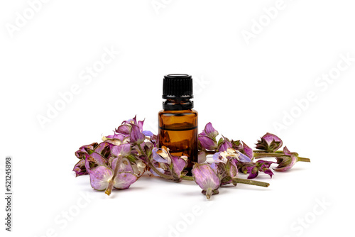 A bottle of essential oil with fresh blooming clary sage twigs on white background.