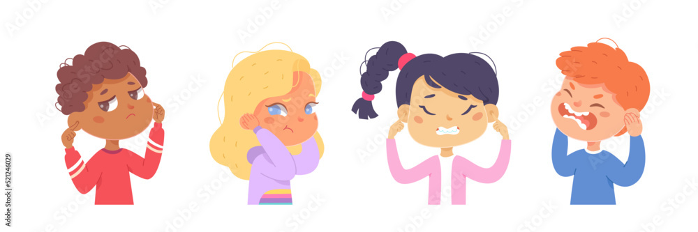 Children covering ears with fingers, action set, annoyed boys and girls ignoring sound Children covering ears with fingers, action set, annoyed boys and girls ignoring sound