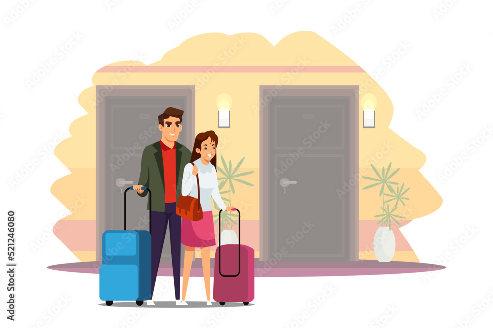People with suitcases standing in hotel corridor in front of entrance doors, booking room People with suitcases standing in hotel corridor in front of entrance doors, booking room