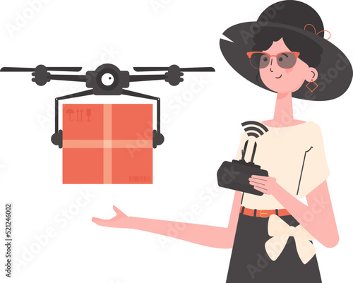 Delivery theme. A woman controls a drone with a parcel. Isolated. Vector.