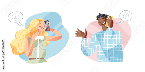 People call on mobile phone and smile set vector illustration. Cartoon freelancer woman and black guy character talking about business work, hipster girl holding cellphone, black boy student smiling