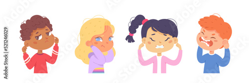 Children covering ears with fingers, action set, annoyed boys and girls ignoring sound