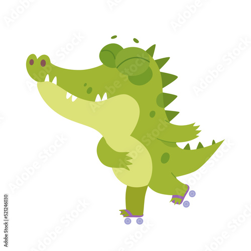 Cute crocodile character rollerblading, adorable funny tropical animal wearing skates