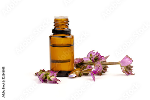 A bottle of essential oil with fresh blooming clary sage twigs on white background.