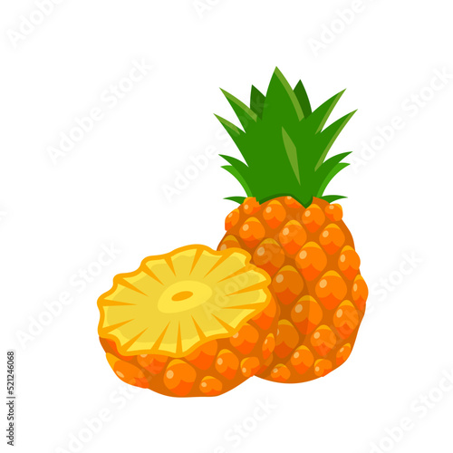 Pineapple, tropical fruit, whole ripe sweet ananas with green leaves and cut in half
