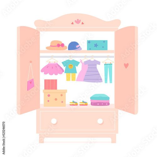 Wardrobe with open doors from home dressing room of girl, isolated cupboard for clothes