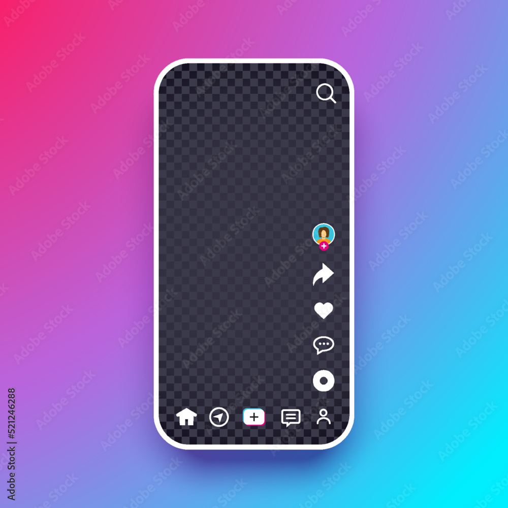 Social media tiktok interface. Phone screen ui mockup with like icon, search, home button, add new video button on gradient background. Photo or video frame for mobile app. 3D vector illustration. - obrazy, fototapety, plakaty 