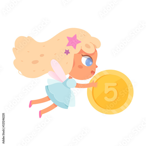 Tooth fairy character flying with gold coin, beautiful magical godmother carrying money