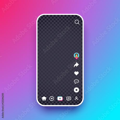 Social media tiktok interface. Phone screen ui mockup with like icon, search, home button, add new video button on gradient background. Photo or video frame for mobile app. 3D vector illustration.