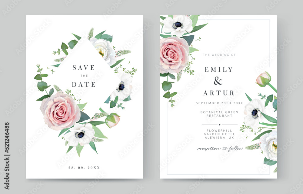 Delicate, floral watercolor greeting template. Vector wedding invite, save the date, Valentine, greeting card design. Pink garden roses, anemone, white flowers, seeded eucalyptus, green leaves bouquet