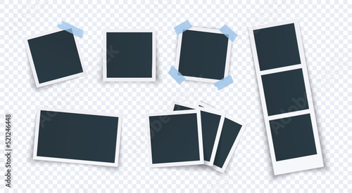 Photo frame collage in vintage style, paper pictures in different shapes isolated on transparent background. Photo album with blue sticky adhesive tapes.