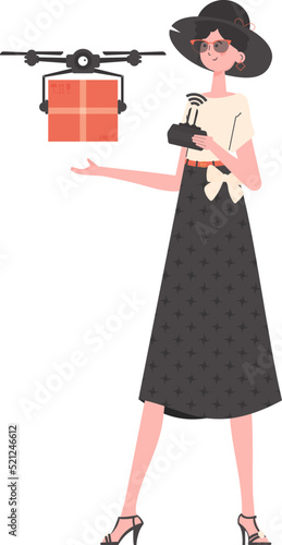 The concept of cargo delivery by air. A woman controls a drone with a parcel. Isolated. Vector.