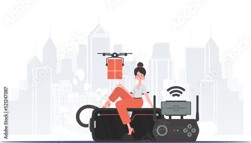 A woman controls a drone with a parcel. The concept of cargo delivery by air. Flat modern design. Vector.