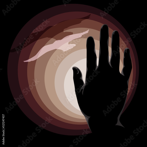Hand. Sticker. Vector image. The palm is facing the flying bird. Against the background of the sun.