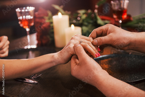 Close up. Romantic couple have dinner in the restaurant