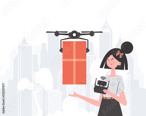 A woman controls a quadcopter with a parcel. Delivery theme. trendy style. Vector illustration.