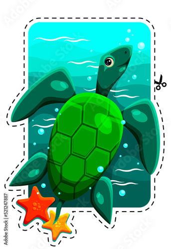 Sea turtle. Color sticker. Inhabitant of the seas and oceans. Green turtle and starfish.