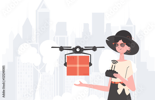 A woman controls a quadcopter with a parcel. The concept of cargo delivery by air. Vector.