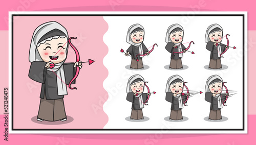 Cute cartoon character of muslim female archer animation sequence