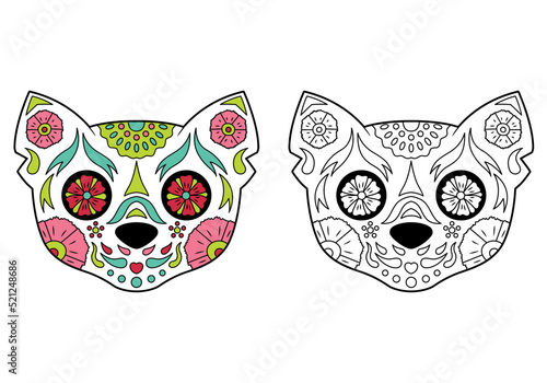 Cat sugar skull with coloring example. The day of the Dead. Coloring book, design element for poster, card, print.