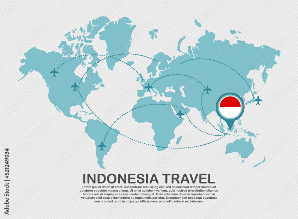 Travel to Indonesia poster with world map and flying plane route