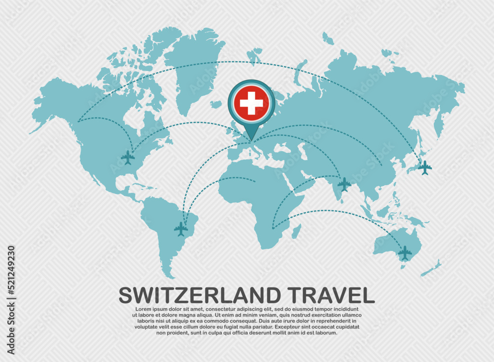 Travel to Switzerland poster with world map and flying plane route business background tourism destination concept Travel to Switzerland poster with world map and flying plane route business background tourism destination concept
