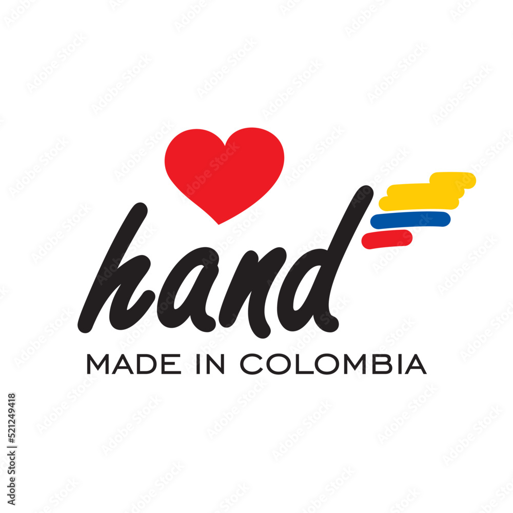 Love hand made in Colombia, logo, icon, stamp, sticker with abstract Colombia flag Love hand made in Colombia, logo, icon, stamp, sticker with abstract Colombia flag