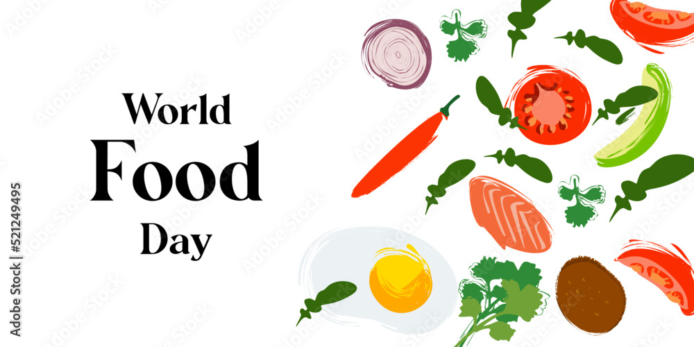 Food illustrations on white background with text World Food Day Food illustrations on white background with text World Food Day