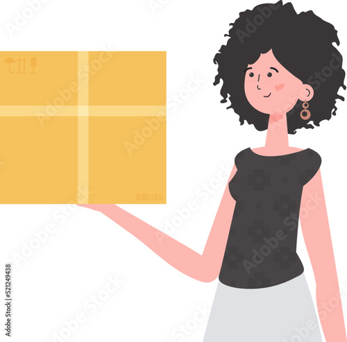 The woman is depicted waist-deep and holding a parcel in her hands. Delivery concept. Isolated. trendy style. Vector.